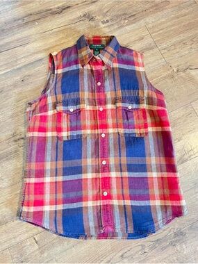 Vintage Lauren Ralph Lauren Linen Plaid Button Down Sleeveless Top – Size M